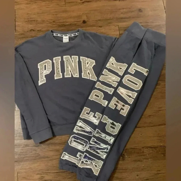 PINK VS HTF RARE BLING SWEATSHIRT/ JOGGERS OUTFIT  SET S/M - Picture 1 of 12